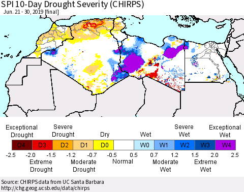 North Africa SPI 10-Day Drought Severity (CHIRPS) Thematic Map For 6/21/2019 - 6/30/2019