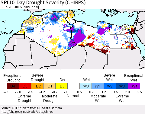 North Africa SPI 10-Day Drought Severity (CHIRPS) Thematic Map For 6/26/2019 - 7/5/2019