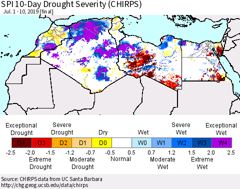 North Africa SPI 10-Day Drought Severity (CHIRPS) Thematic Map For 7/1/2019 - 7/10/2019