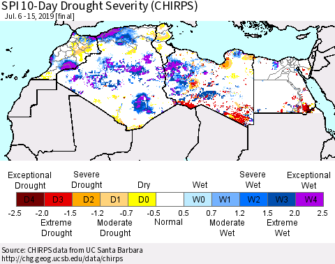 North Africa SPI 10-Day Drought Severity (CHIRPS) Thematic Map For 7/6/2019 - 7/15/2019