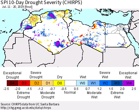 North Africa SPI 10-Day Drought Severity (CHIRPS) Thematic Map For 7/11/2019 - 7/20/2019