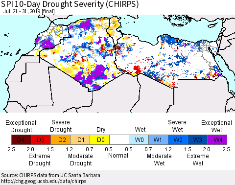 North Africa SPI 10-Day Drought Severity (CHIRPS) Thematic Map For 7/21/2019 - 7/31/2019