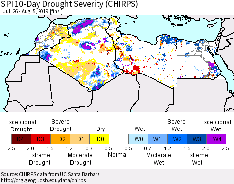 North Africa SPI 10-Day Drought Severity (CHIRPS) Thematic Map For 7/26/2019 - 8/5/2019