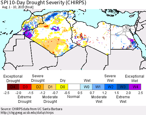 North Africa SPI 10-Day Drought Severity (CHIRPS) Thematic Map For 8/1/2019 - 8/10/2019