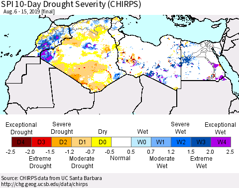 North Africa SPI 10-Day Drought Severity (CHIRPS) Thematic Map For 8/6/2019 - 8/15/2019
