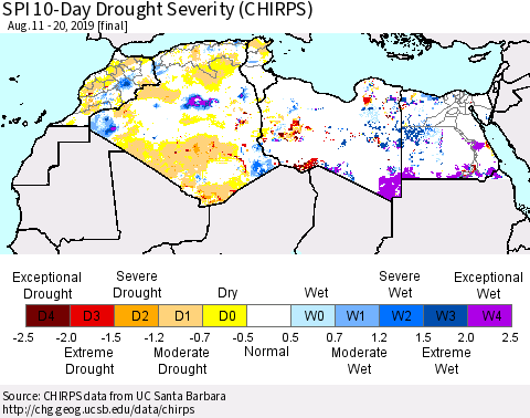 North Africa SPI 10-Day Drought Severity (CHIRPS) Thematic Map For 8/11/2019 - 8/20/2019