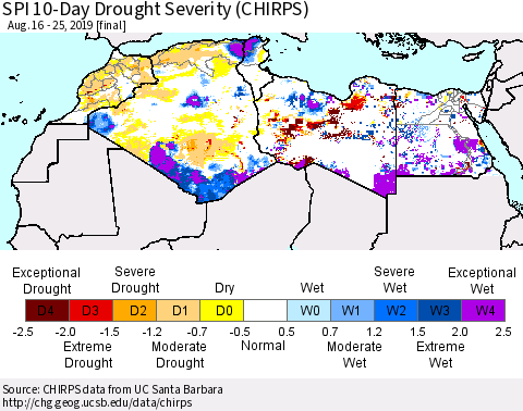 North Africa SPI 10-Day Drought Severity (CHIRPS) Thematic Map For 8/16/2019 - 8/25/2019