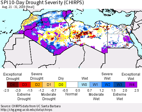 North Africa SPI 10-Day Drought Severity (CHIRPS) Thematic Map For 8/21/2019 - 8/31/2019