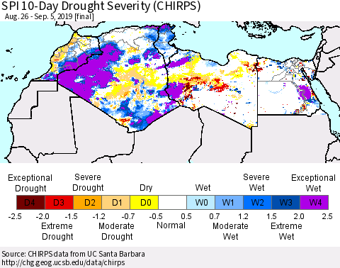 North Africa SPI 10-Day Drought Severity (CHIRPS) Thematic Map For 8/26/2019 - 9/5/2019