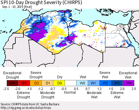 North Africa SPI 10-Day Drought Severity (CHIRPS) Thematic Map For 9/1/2019 - 9/10/2019