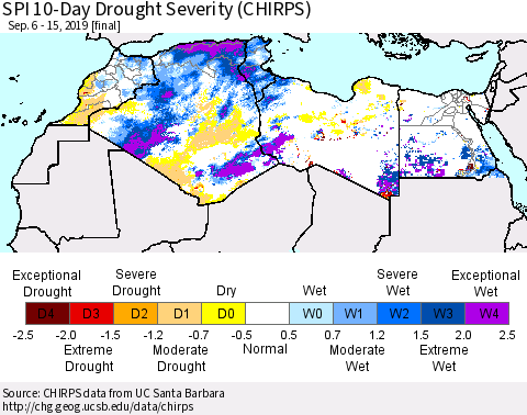 North Africa SPI 10-Day Drought Severity (CHIRPS) Thematic Map For 9/6/2019 - 9/15/2019