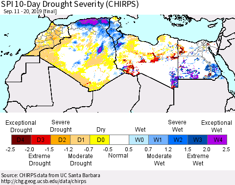 North Africa SPI 10-Day Drought Severity (CHIRPS) Thematic Map For 9/11/2019 - 9/20/2019