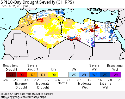North Africa SPI 10-Day Drought Severity (CHIRPS) Thematic Map For 9/16/2019 - 9/25/2019