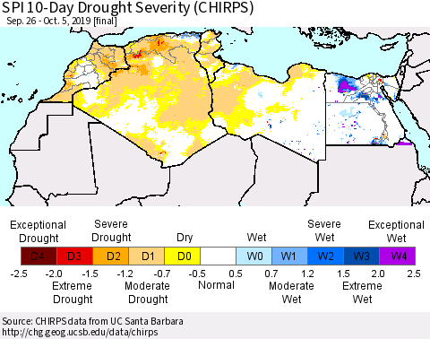 North Africa SPI 10-Day Drought Severity (CHIRPS) Thematic Map For 9/26/2019 - 10/5/2019