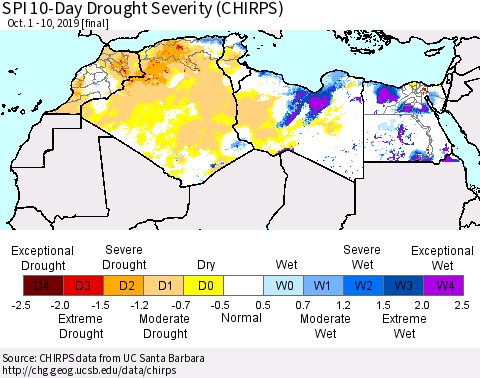 North Africa SPI 10-Day Drought Severity (CHIRPS) Thematic Map For 10/1/2019 - 10/10/2019