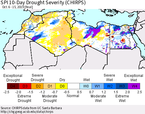 North Africa SPI 10-Day Drought Severity (CHIRPS) Thematic Map For 10/6/2019 - 10/15/2019