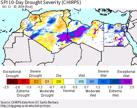 North Africa SPI 10-Day Drought Severity (CHIRPS) Thematic Map For 10/11/2019 - 10/20/2019