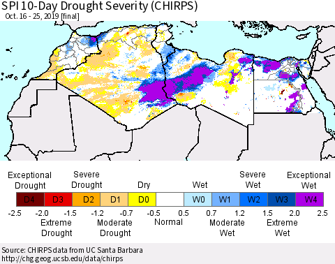 North Africa SPI 10-Day Drought Severity (CHIRPS) Thematic Map For 10/16/2019 - 10/25/2019