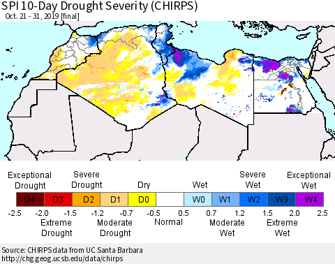 North Africa SPI 10-Day Drought Severity (CHIRPS) Thematic Map For 10/21/2019 - 10/31/2019