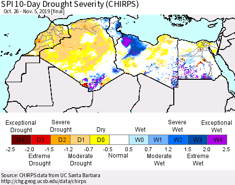 North Africa SPI 10-Day Drought Severity (CHIRPS) Thematic Map For 10/26/2019 - 11/5/2019