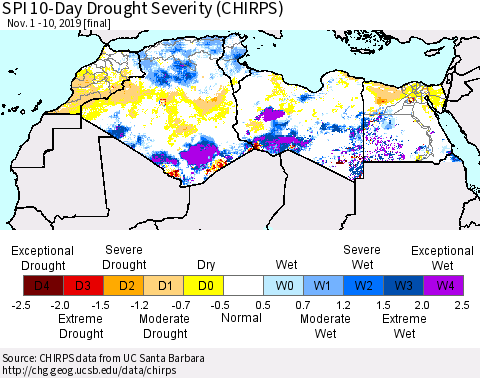 North Africa SPI 10-Day Drought Severity (CHIRPS) Thematic Map For 11/1/2019 - 11/10/2019