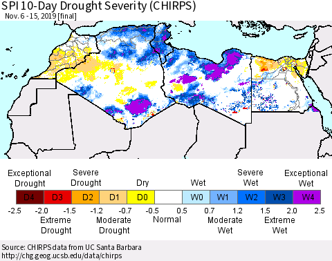 North Africa SPI 10-Day Drought Severity (CHIRPS) Thematic Map For 11/6/2019 - 11/15/2019