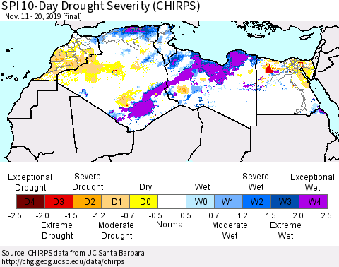 North Africa SPI 10-Day Drought Severity (CHIRPS) Thematic Map For 11/11/2019 - 11/20/2019