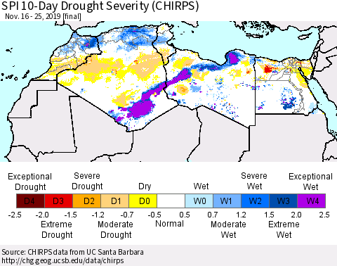 North Africa SPI 10-Day Drought Severity (CHIRPS) Thematic Map For 11/16/2019 - 11/25/2019