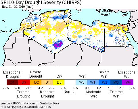 North Africa SPI 10-Day Drought Severity (CHIRPS) Thematic Map For 11/21/2019 - 11/30/2019