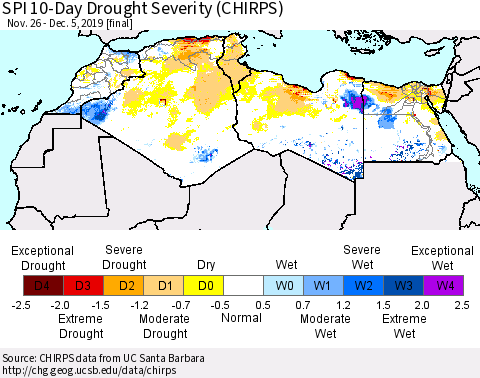 North Africa SPI 10-Day Drought Severity (CHIRPS) Thematic Map For 11/26/2019 - 12/5/2019
