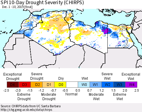 North Africa SPI 10-Day Drought Severity (CHIRPS) Thematic Map For 12/1/2019 - 12/10/2019
