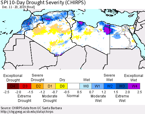 North Africa SPI 10-Day Drought Severity (CHIRPS) Thematic Map For 12/11/2019 - 12/20/2019