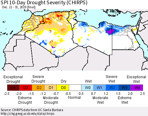 North Africa SPI 10-Day Drought Severity (CHIRPS) Thematic Map For 12/21/2019 - 12/31/2019