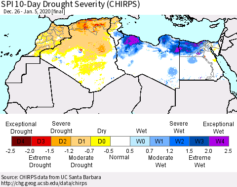 North Africa SPI 10-Day Drought Severity (CHIRPS) Thematic Map For 12/26/2019 - 1/5/2020