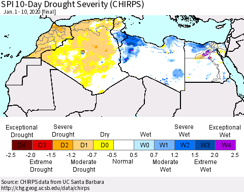 North Africa SPI 10-Day Drought Severity (CHIRPS) Thematic Map For 1/1/2020 - 1/10/2020