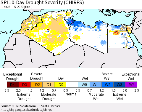 North Africa SPI 10-Day Drought Severity (CHIRPS) Thematic Map For 1/6/2020 - 1/15/2020