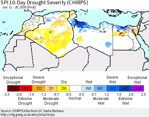 North Africa SPI 10-Day Drought Severity (CHIRPS) Thematic Map For 1/11/2020 - 1/20/2020