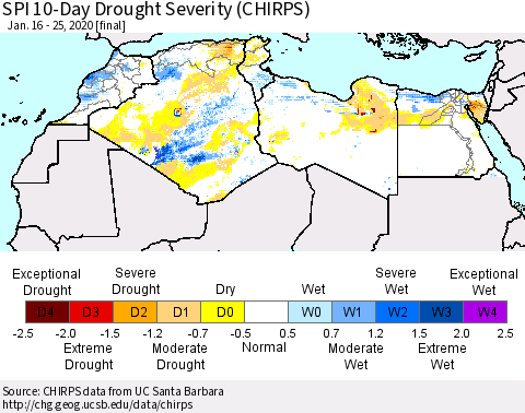 North Africa SPI 10-Day Drought Severity (CHIRPS) Thematic Map For 1/16/2020 - 1/25/2020