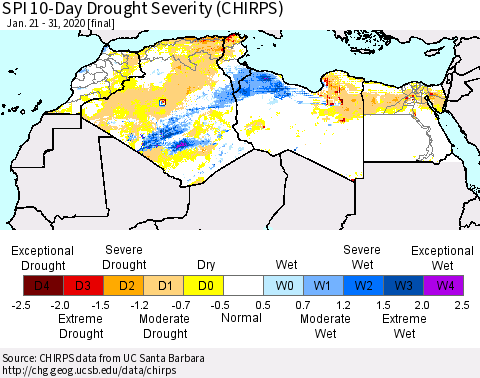 North Africa SPI 10-Day Drought Severity (CHIRPS) Thematic Map For 1/21/2020 - 1/31/2020