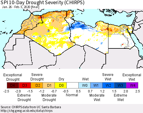 North Africa SPI 10-Day Drought Severity (CHIRPS) Thematic Map For 1/26/2020 - 2/5/2020