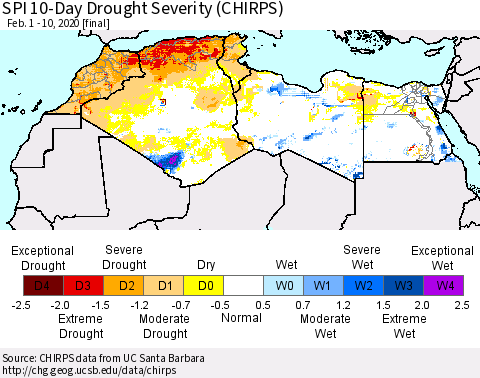 North Africa SPI 10-Day Drought Severity (CHIRPS) Thematic Map For 2/1/2020 - 2/10/2020
