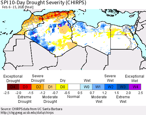 North Africa SPI 10-Day Drought Severity (CHIRPS) Thematic Map For 2/6/2020 - 2/15/2020