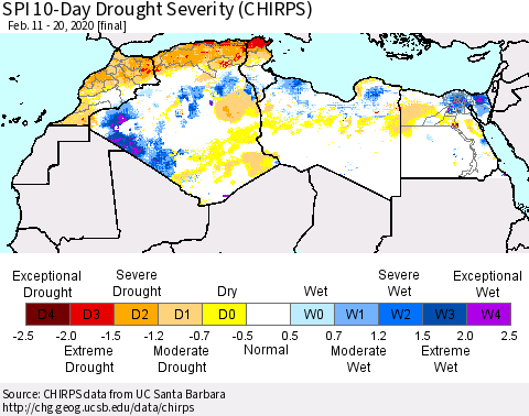 North Africa SPI 10-Day Drought Severity (CHIRPS) Thematic Map For 2/11/2020 - 2/20/2020