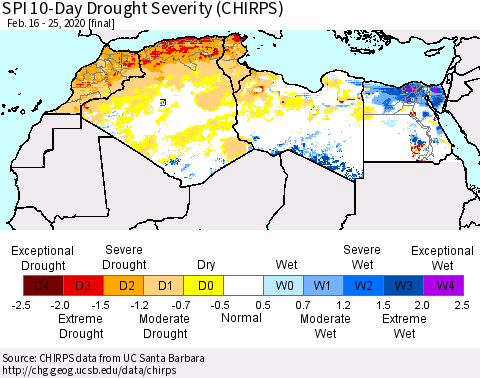 North Africa SPI 10-Day Drought Severity (CHIRPS) Thematic Map For 2/16/2020 - 2/25/2020