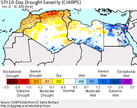 North Africa SPI 10-Day Drought Severity (CHIRPS) Thematic Map For 2/21/2020 - 2/29/2020