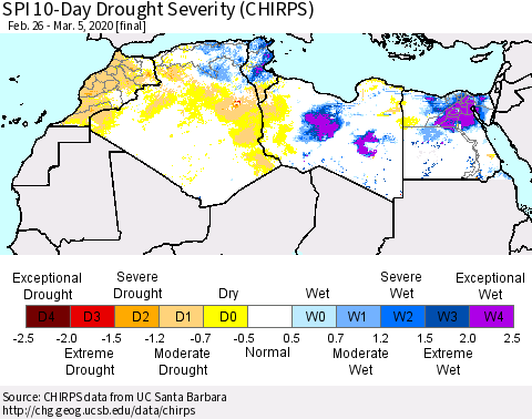 North Africa SPI 10-Day Drought Severity (CHIRPS) Thematic Map For 2/26/2020 - 3/5/2020