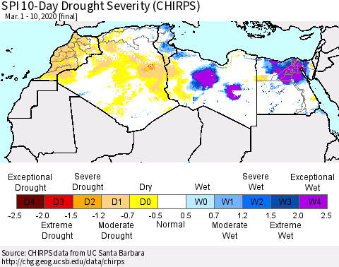 North Africa SPI 10-Day Drought Severity (CHIRPS) Thematic Map For 3/1/2020 - 3/10/2020
