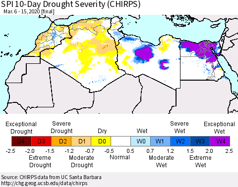 North Africa SPI 10-Day Drought Severity (CHIRPS) Thematic Map For 3/6/2020 - 3/15/2020