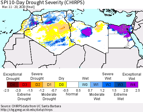 North Africa SPI 10-Day Drought Severity (CHIRPS) Thematic Map For 3/11/2020 - 3/20/2020