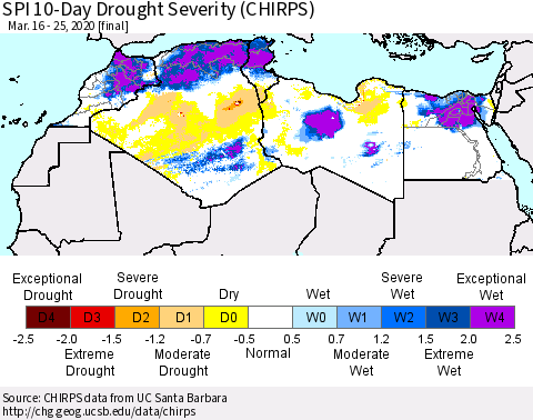North Africa SPI 10-Day Drought Severity (CHIRPS) Thematic Map For 3/16/2020 - 3/25/2020